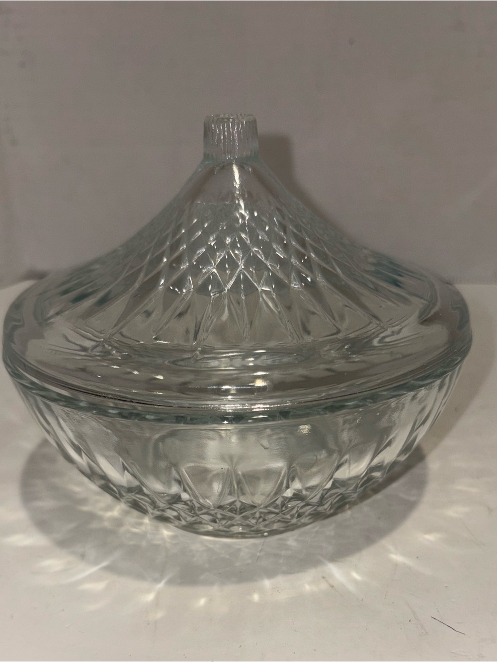 Diamond-Pattern Clear Glass Covered Serving Dish